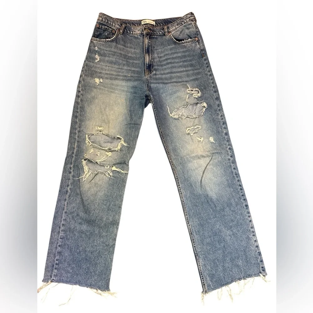 Zara Relaxed Fit Wide Leg Distressed Jeans Light Blue Euro 44 US 12